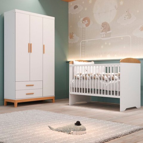 Quarto de Bebê Completo Berço Eloa 3 em 1 e Guarda-Roupa 3 Portas Hellen Branco/Betula