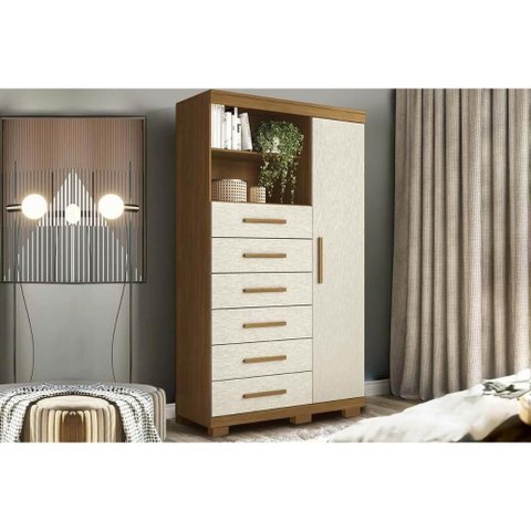 Cômoda Casal Marabá c/1 Porta 6GAVS e Pés Cinamomo/Areia - S. Andirá