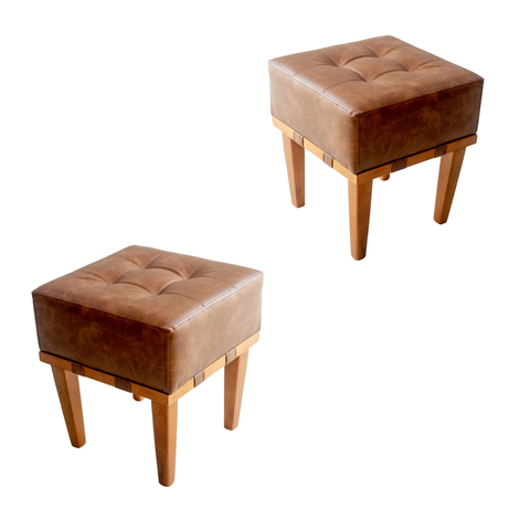 Kit 2 Puff Banqueta Quadrado Apolo para Sala Madeira Maciça em Couro Marrom