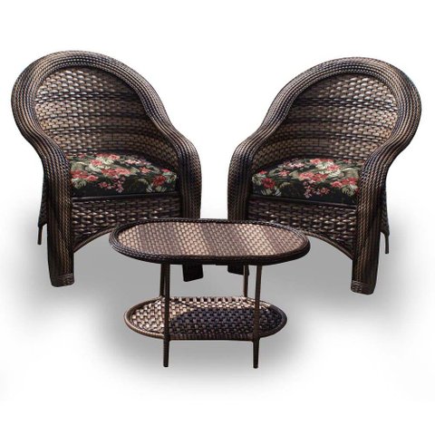 Conjunto de Poltronas Fibra Sintética Karibe - 2 Poltronas + 1 Mesa Centro - Tecido Maui Preto