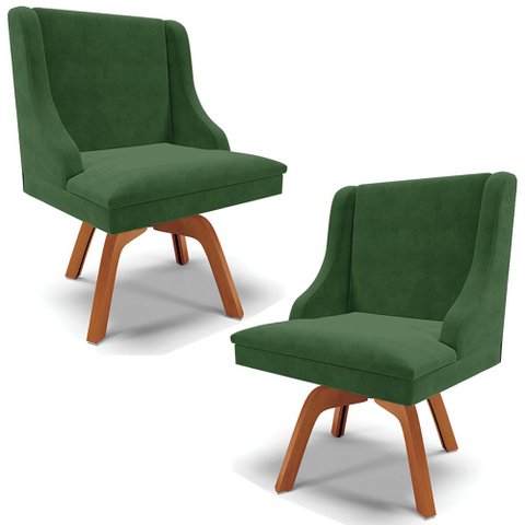 Kit 2 Cadeiras Decorativas Sala de Jantar Base Giratória de Madeira Firenze Suede Verde Esmeralda/Na