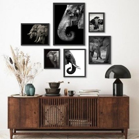 Composição 6 Quadros Fotografias Elefantes - com Vidro:madeira Branca