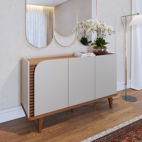 Balcão Buffet Jurere com 03 Portas Off White Matte Freijó Colibri