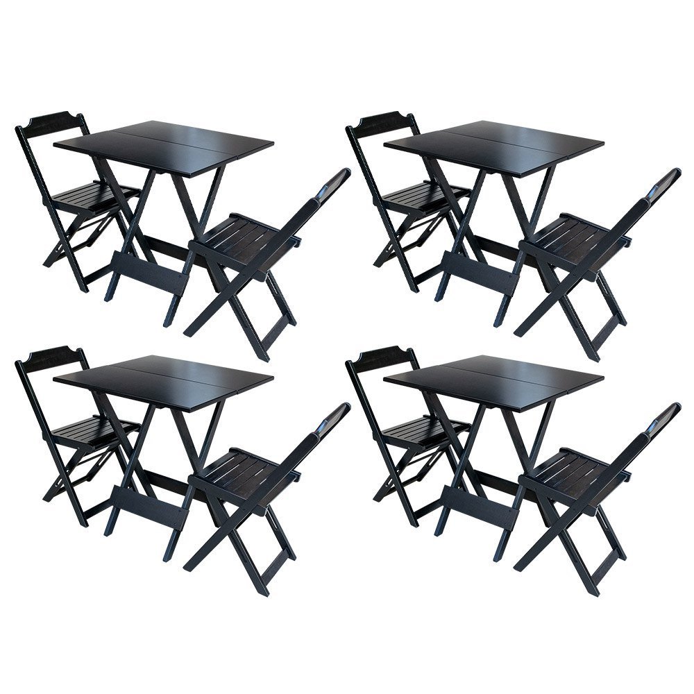Kit 4 Conjuntos de Mesa Dobrável com 2 Cadeiras Madeira 70x70 Ideal para Bar Restaurante - Preto