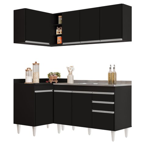 Armário de Cozinha Modulado de Canto Direito 4 Peças Cp39 com Pia Inox Preto - Lumil Lumil Móveis