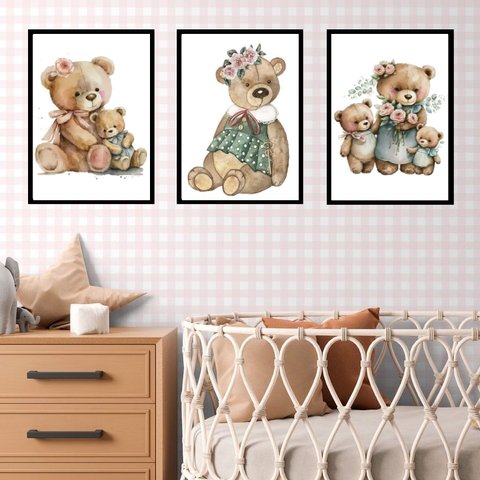 Kit 3 Quadros Quarto Bebê - Ursinha Vintage 45x34cm:madeira Branca