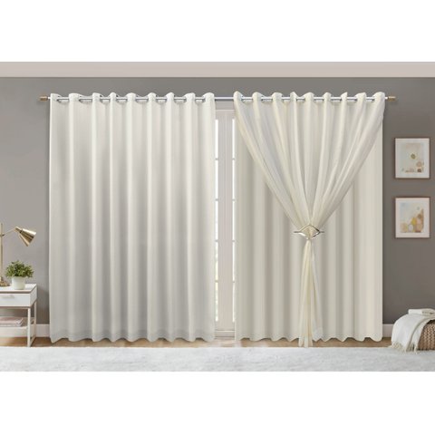 Cortina Voil Trabalhado Paris Forro Microfibra 7,00x2,80 Palha