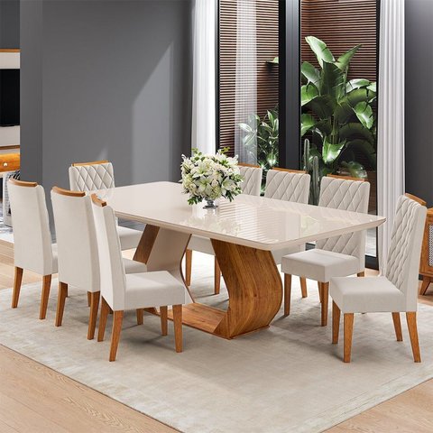 Conjunto Sala de Jantar 8 Lugares Retangular Tampo em Vidro e Mdf Oversized