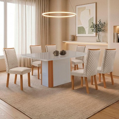 Mesa Isadora 6 Lugares MDF com Cadeiras Lira Veludo Off White 180cm Moderna