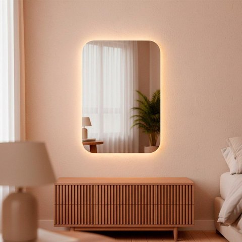 Espelho Orgânico de Parede Led Frio Retangular 55x75cm para Sala Quarto Banheiro