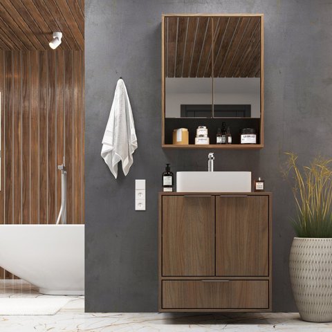 Conjunto para Banheiro Modulado 601 com Cuba e Espelheira 60cm Prime Yescasa Marrom/Noce