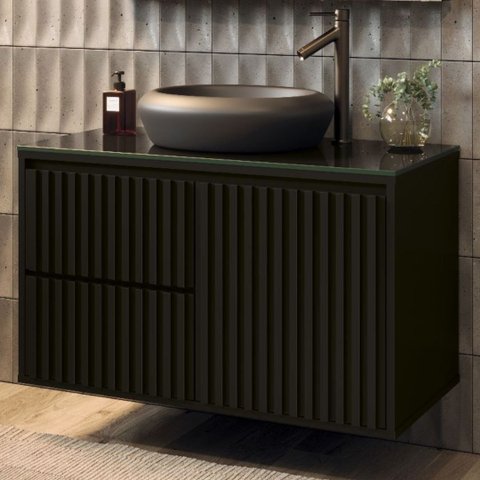 Gabinete Para Banheiro Ripado 80cm Black C/ Cuba Preta