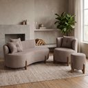 Ver imagem 1 de Kit Decorativo Sofá Curvo Orgânico + 01 Puff e Poltrona Luna Boucle Cappuccino - Montanaris Decor