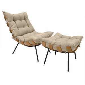 Poltrona Costela com Puff em Linho ou Veludo - Élpis Móveis - Linho Papiro