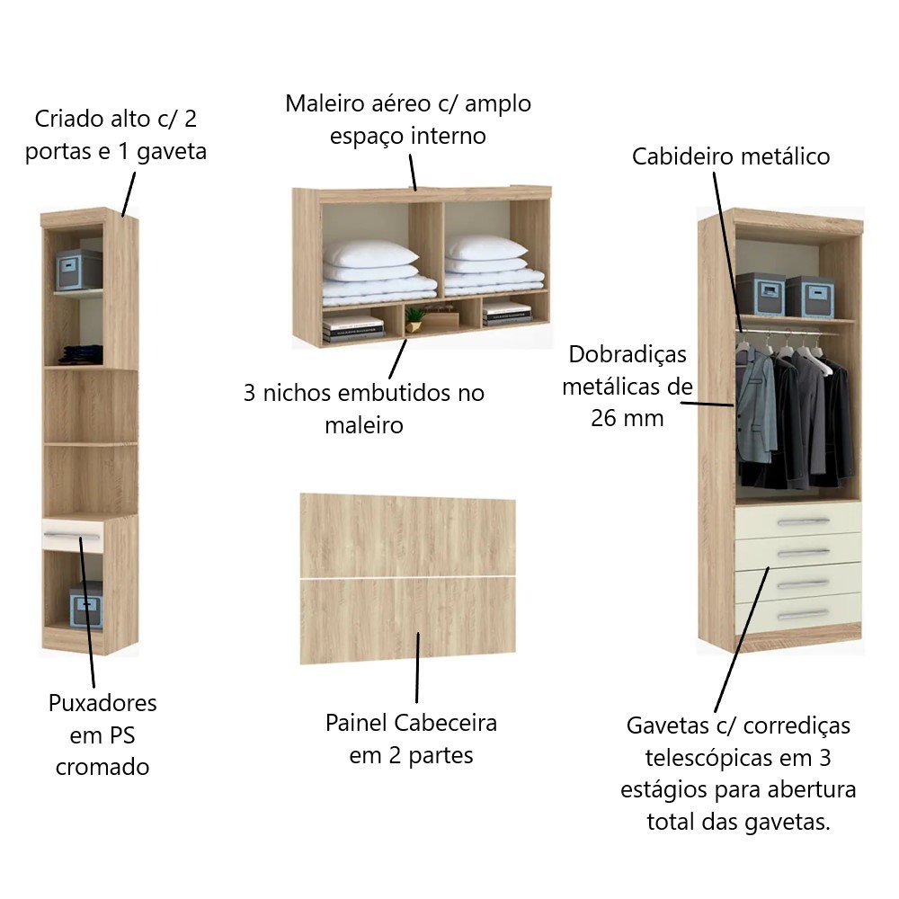 Guarda Roupa Dormitório Modulado Master Casal Queen 1,58 m - Avelã Rústico e Areia - Luciane M12 - 2