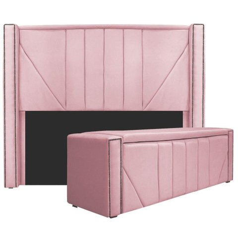 Kit Cabeceira E Calçadeira Baú Casal 140cm Suede Rosa Bebê