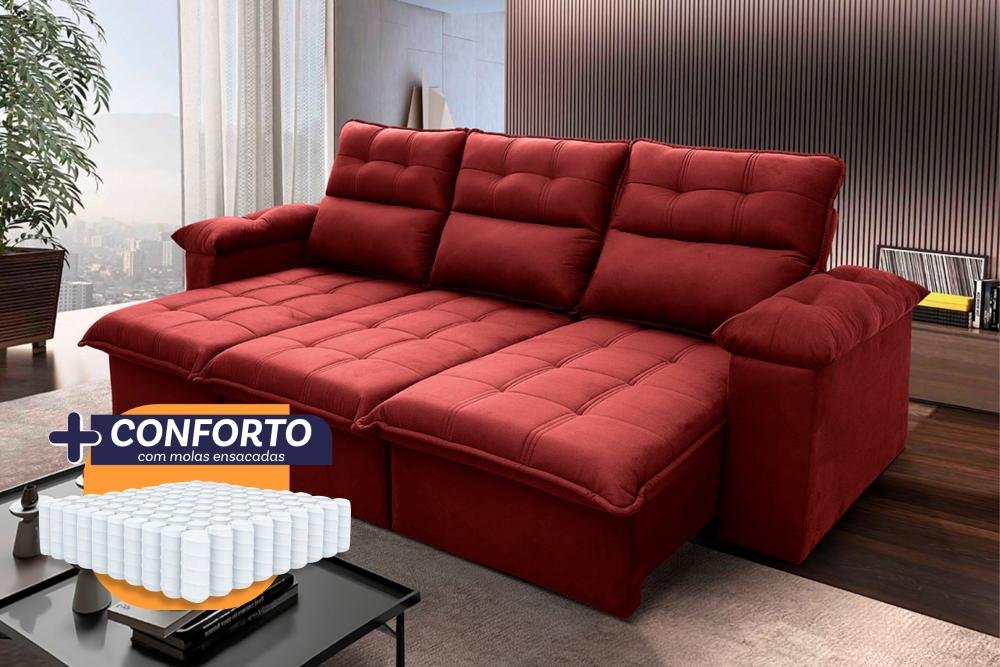 Sofá Retrátil Reclinável Verona 2,30m Suede Velut Vermelho Molas Ensacadas - King House