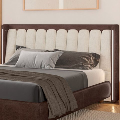 Cabeceira King com LED Yeon Courino Marrom / Linho Off White - Sallar Home