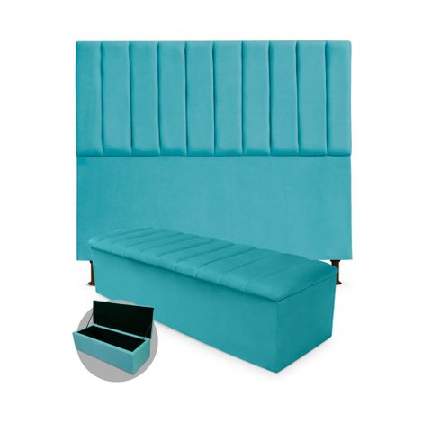 Kit Cabeceira + Calçadeira Baú Cancun Casal 140cm Suede - Ecotec Decor:Azul Turquesa