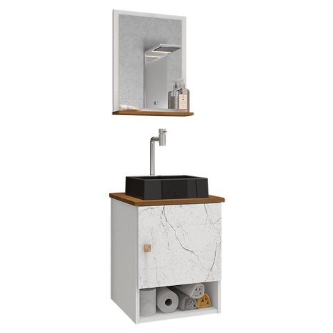 Conjunto de Banheiro com Gabinete 1 Porta, Cuba com Valvula, Torneira e 1 Espelheira Lima