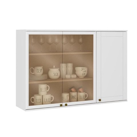 Armário Aéreo Cozinha Modulado Bella 2600 com 3 Portas 2 com Vidro 120cm Branco