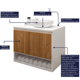 Gabinete para Banheiro 60cm com Cuba Nicho de Madeira Suspenso Casa - Brovália - 6