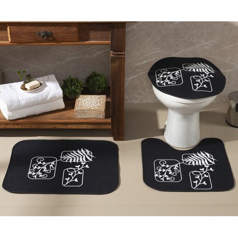Tapete Jogo de Banheiro Preto Antiderrapante Kit 3 Peças Folhas Branca