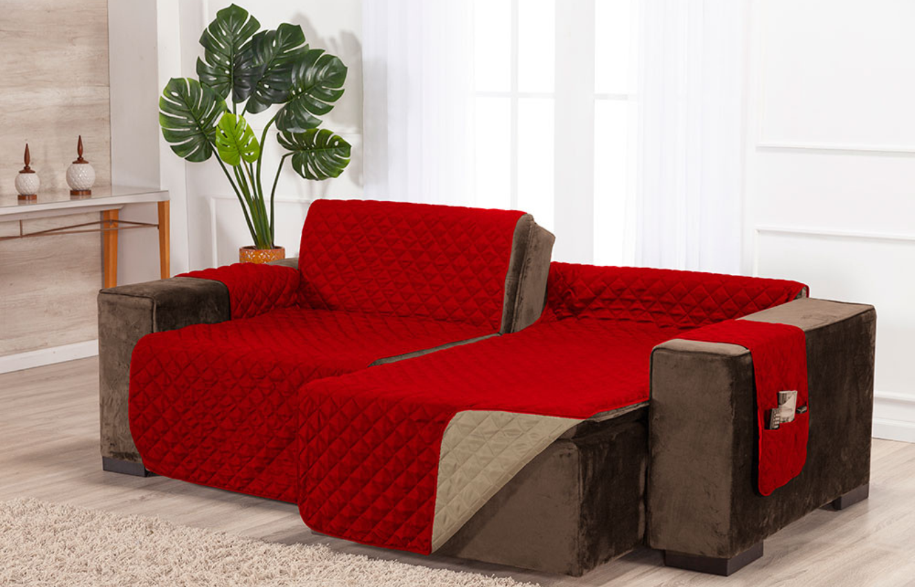 Capa sofá retratil matelado tamanho padrão 3 e 4 lugares 1,8m vermelho e caqui - 4