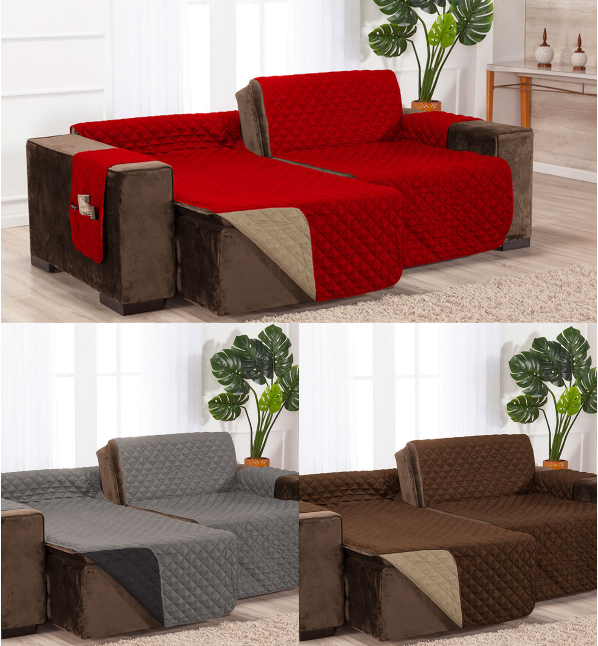 Capa sofá retratil matelado tamanho padrão 3 e 4 lugares 1,8m vermelho e caqui - 1