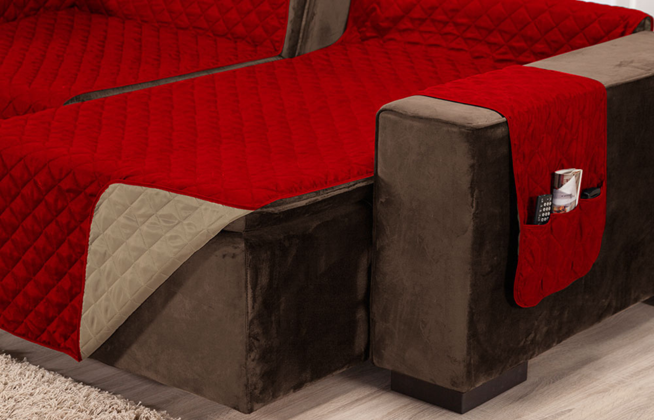 Capa sofá retratil matelado tamanho padrão 3 e 4 lugares 1,8m vermelho e caqui - 3