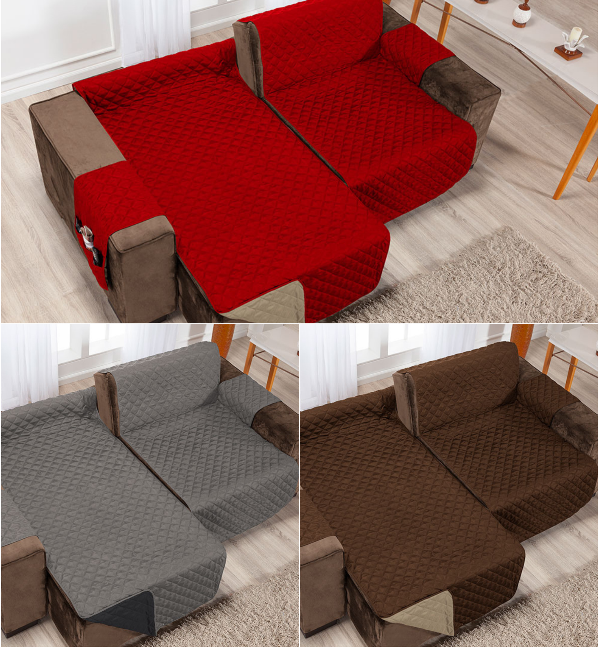 Capa sofá retratil matelado tamanho padrão 3 e 4 lugares 1,8m vermelho e caqui - 5