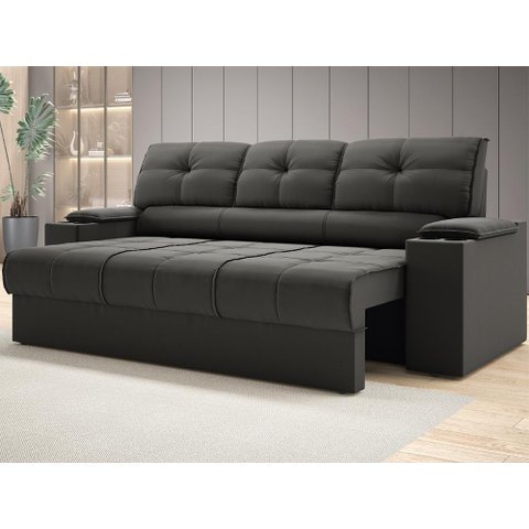 Sofá com Porta Copos Retrátil e Reclinável Tom 2,05m Velosuede - Netsofas - Chumbo