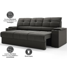 Sofá com Porta Copos Retrátil e Reclinável Tom 2,05m Velosuede - Netsofas - Chumbo - 3
