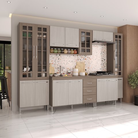 Armário de Cozinha Modulada Completa Fidelitá Paris 6 Peças 295cm 15 Portas 3 Gavetas com Tampo