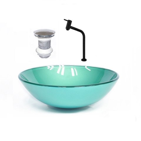 CUBA DE VIDRO REDONDA 31CM VERDE + VALVULA + TORNEIRA PRETA