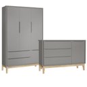 Ver imagem 1 de Jogo de Quarto Classic Guarda Roupa 3 Portas e Cômoda Cinza Fosco com Pés Madeira Natural - Reller M