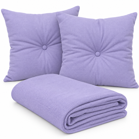 Kit Manta 120x150 Decorativa para Sofá + 2 Almofadas com Botão Lilás 50x50 - Tecido Malha e Almofada