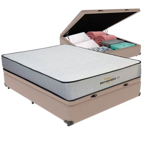 Cama Box com Baú Viúvo Bravus Ortopillow Espuma D33 Bege Vtech