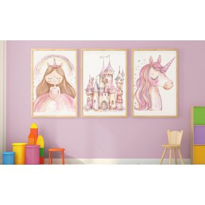 Kit 3 Quadros Castelo Princesa Unicórnio Quarto Menina Infantil
