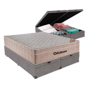 Cama Box Baú Bipartido Queen Cinza e Colchão Airtech Springpocket Molas Ensacadas Ortobom