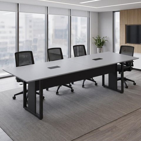 Mesa de Reunião Retangular 2,70 m X 0,90 m Tampo Bipartido Pés Quadro Bordas Chanfradas e 2 Caixas