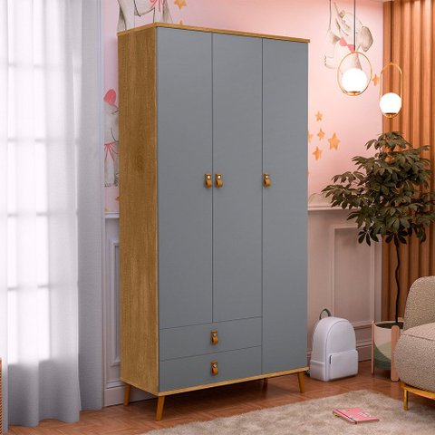 Conjunto Cômoda e Guarda Roupa Jujuba Berço Alvin Nature Cinza Infantil Moderno Completo Quarto