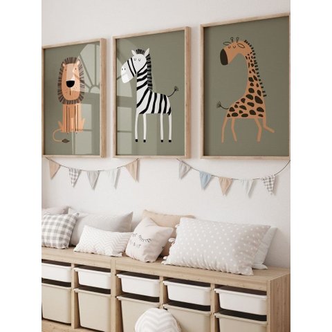 Kit 3 Quadros Infantil Animais Safari Quarto Bebê Menino Menina 40x60 Moldura Madeira NO15