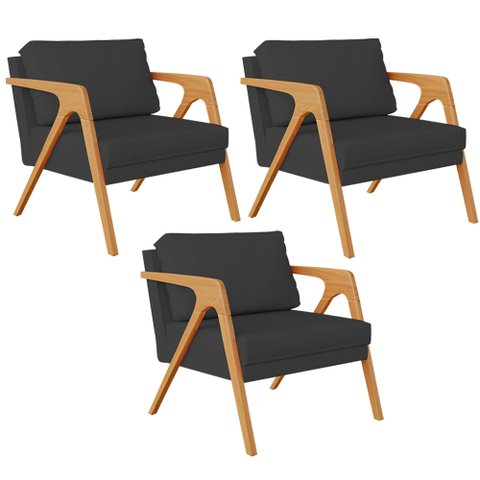 Kit 03 Poltronas Decorativa Para Sala Estar Pietra Estrutura De Madeira L02 Suede Preto - Lyam
