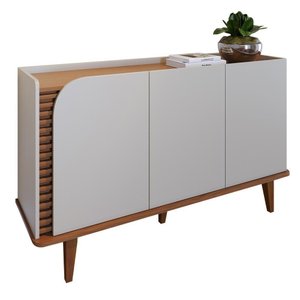Aparador Buffet com 3 Portas e Pés de Madeira Maciça Off White Matte-freijo Off White Matte-freijo