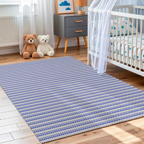 Tapete Sala Quarto Infantil 1,40 x 2,00m Artesanal Antiderrapante Chevron Moderno Rústico Azul