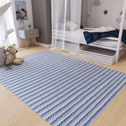 Tapete Sala Quarto Infantil 1,40 X 2,00m Artesanal Antiderrapante Chevron Moderno Rústico Azul