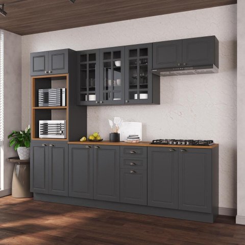 Cozinha Modulada Completa Americana 100% MDF 270cm com Rodapé Provence Multimóveis Crink-CPL005