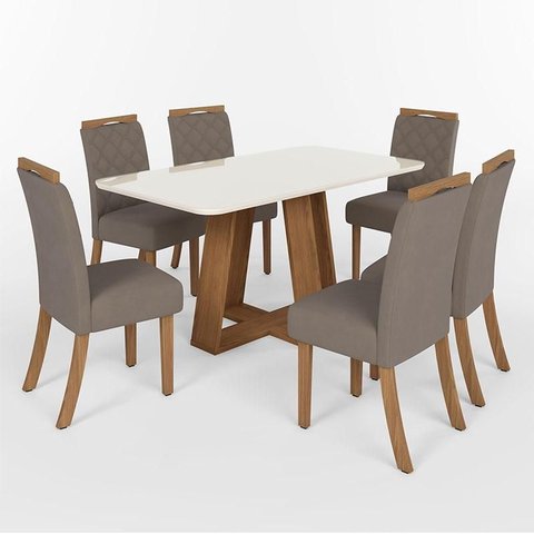 Mesa de Jantar Lins 160cm Canto Arredondado com Vidro Nature Off White com 6 Cadeiras Bella Amêndoa 