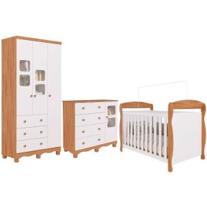 Quarto de Bebê Amêndoa Completo Berço Guardaroupa Cômoda Mdf